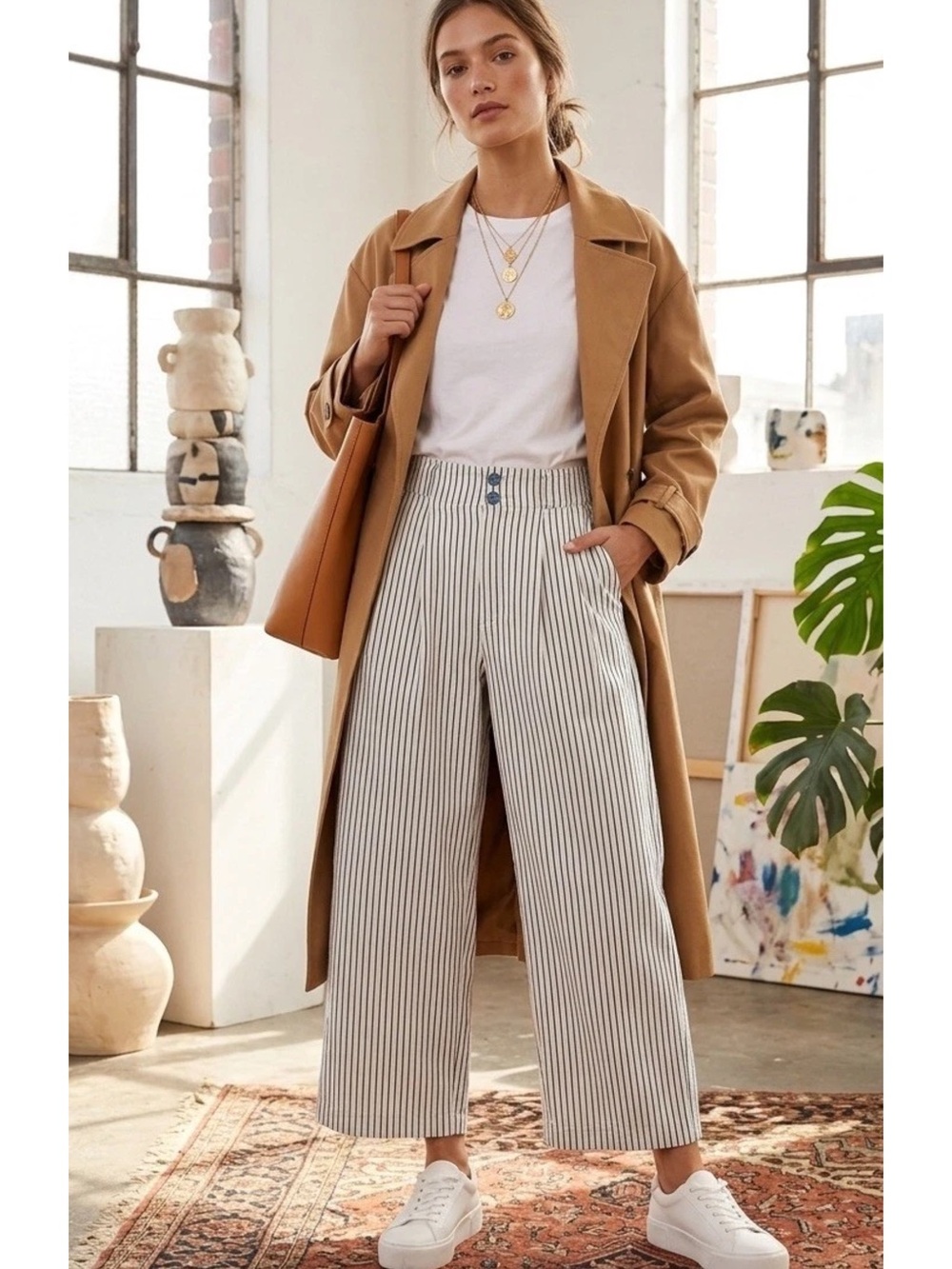 Urban Outfitters Cream and Black Striped Wide-Leg Crop Pants